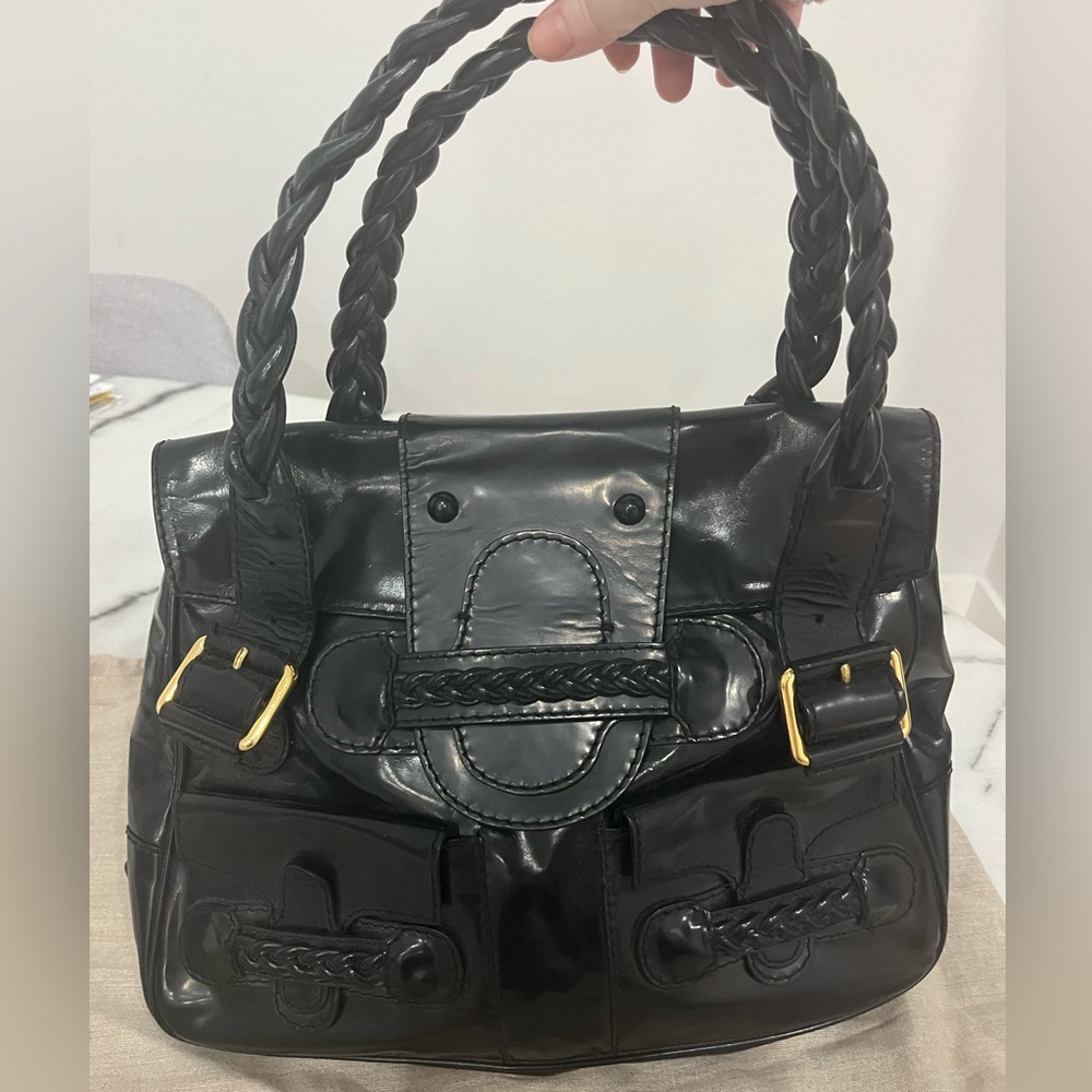 Authentic Valentino Garavani Navy Patent Leather Histoire Satchel Bag